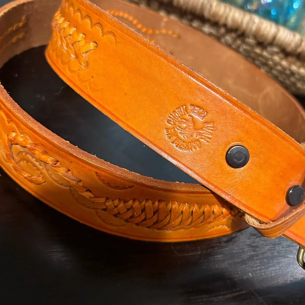Trinity Solid Brass with Wood inlay detail Buckle with whip stitch leather belt